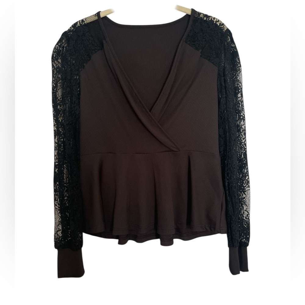 Black Lace-Sleeve Wrap Peplum Top
